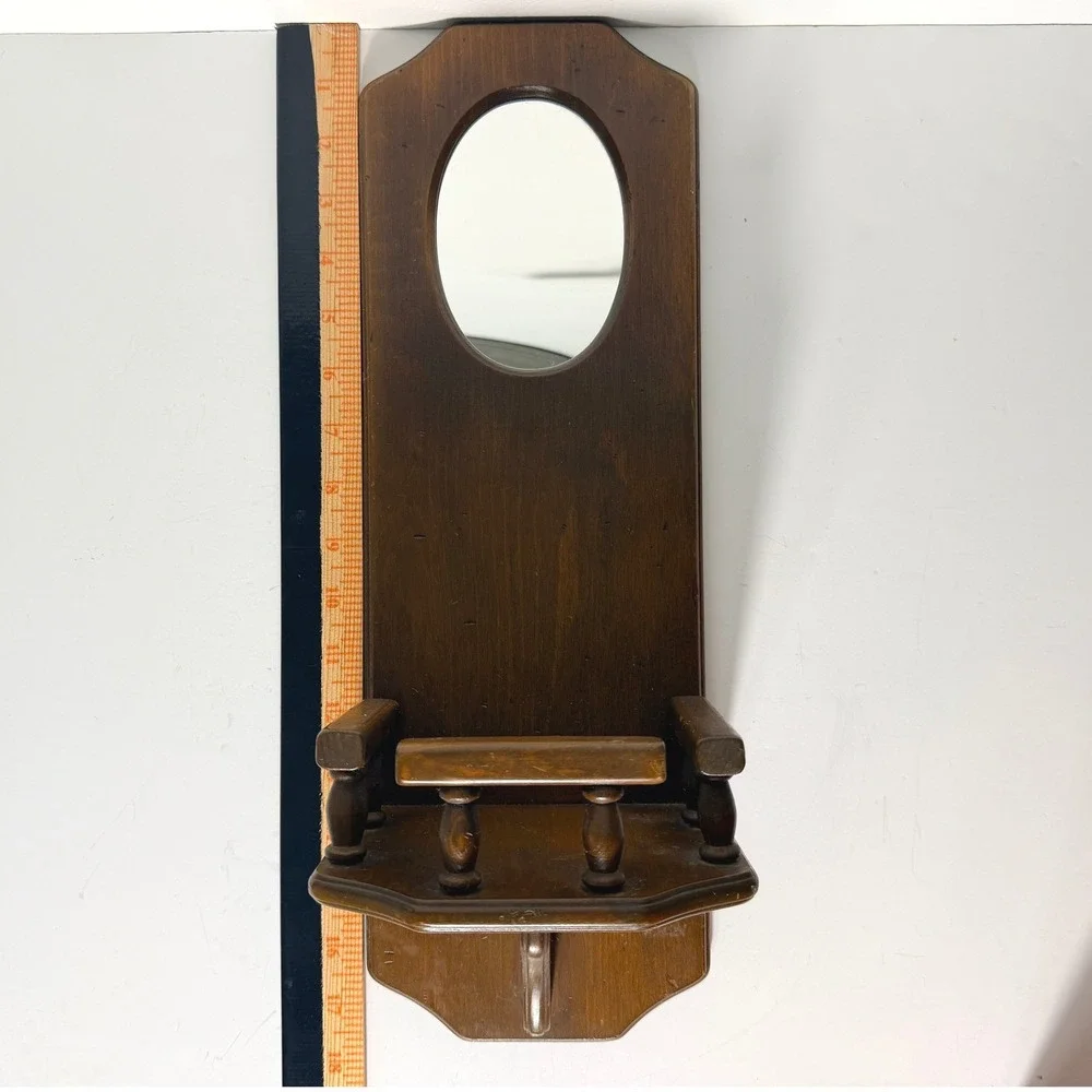 Vintage Early American Wood Wall Mirror Shelf Brown Rustic Farmhouse Home Decor